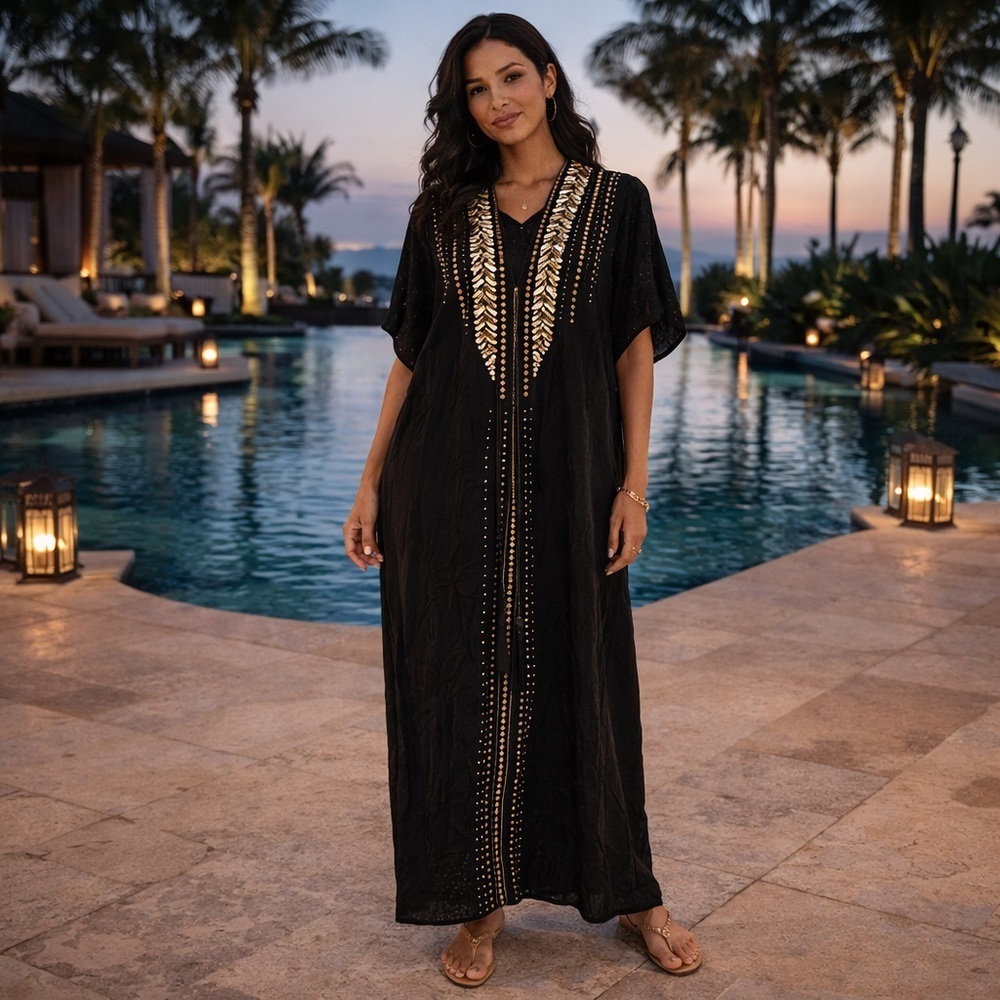 Shahida Parides Black & Gold Long Embellished Kaftan Silk Maxi Dress